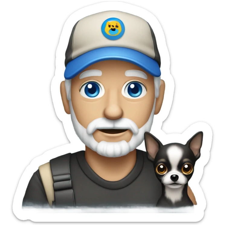 Old man with blue eyes goatee beard ball cap holding black Chihuahua long hair sticker