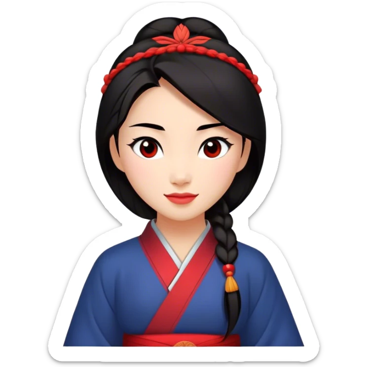 Cinematic Radiant Mulan Portrait Emoji, rendered in a realistic, vector-style with clean proportions. Show Mulan with a soft, confident smile, warm skin, and expressive eyes, her dark hair styled simply, and dressed in traditional clothing with understated red accents. The image radiates a gentle, luminous glow and high shine, accentuated by a soft glowing outline. sticker