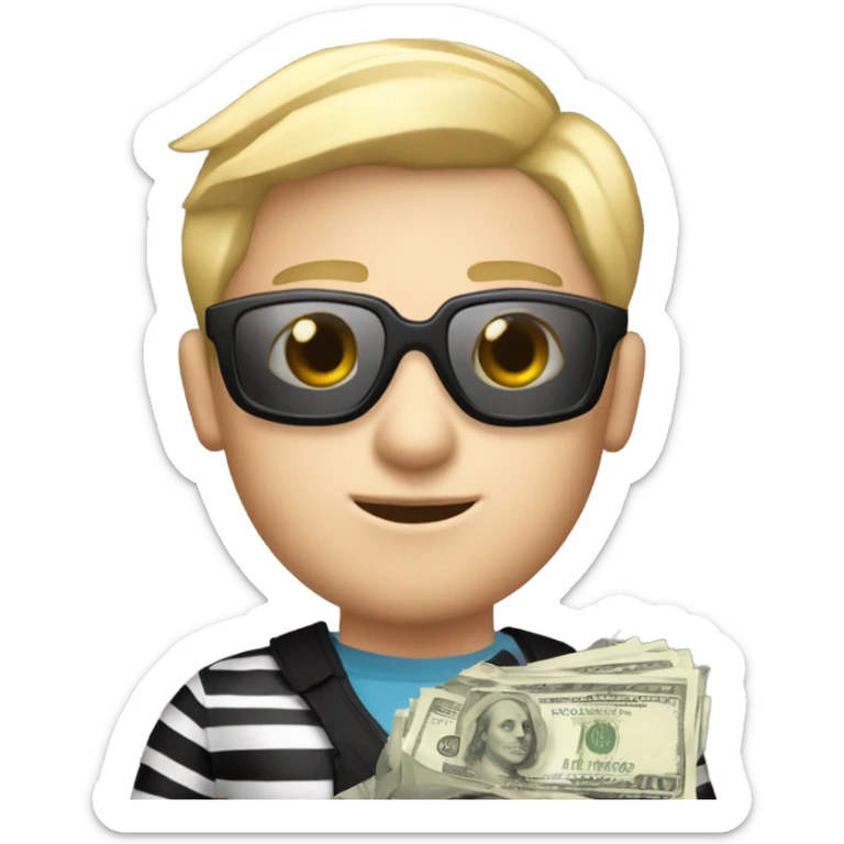 Blonde male, peach colored skin, black and white striped goggles, black and white striped clothing, and holding a bag of money sticker