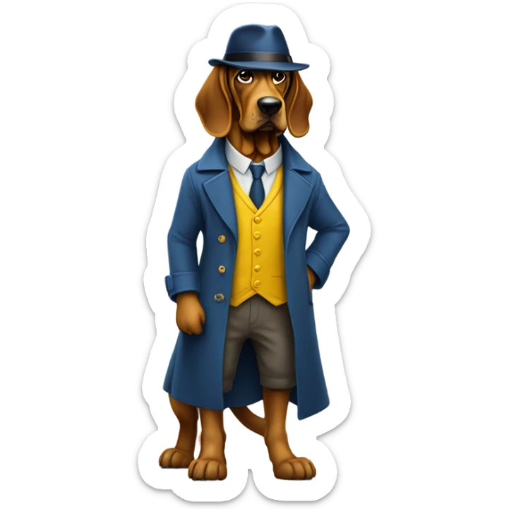 Full body Studious blue and yellow bloodhound-wearing bifocals. To hat and trenchcoat. sticker