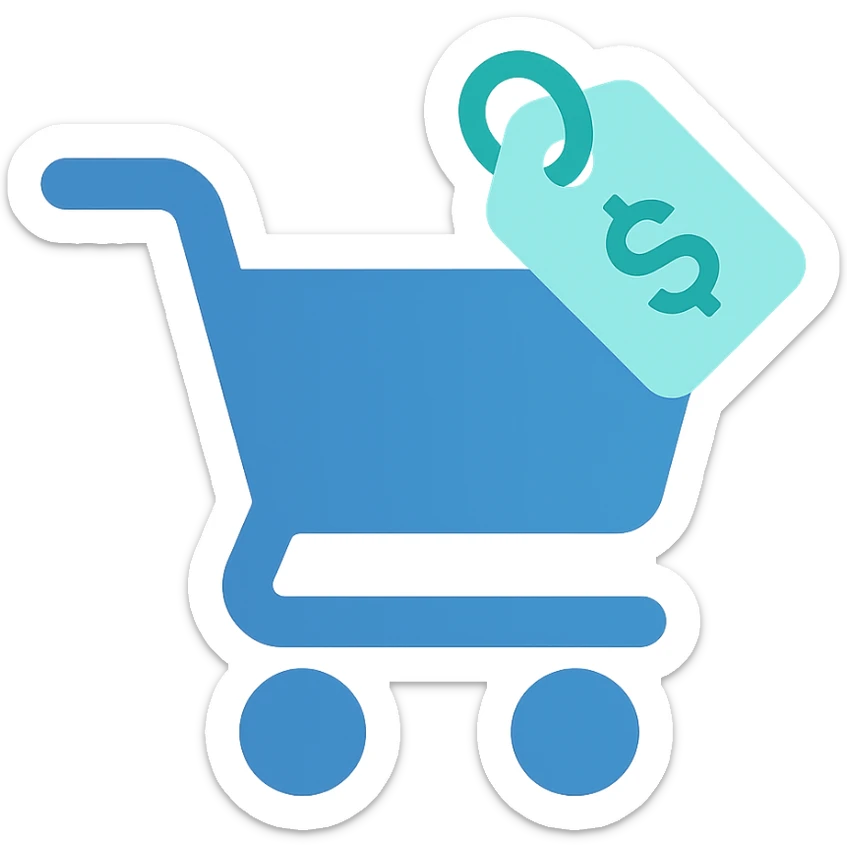 Shopping cart with a price tag, flat emoji style, outline with blue and turquoise colors sticker