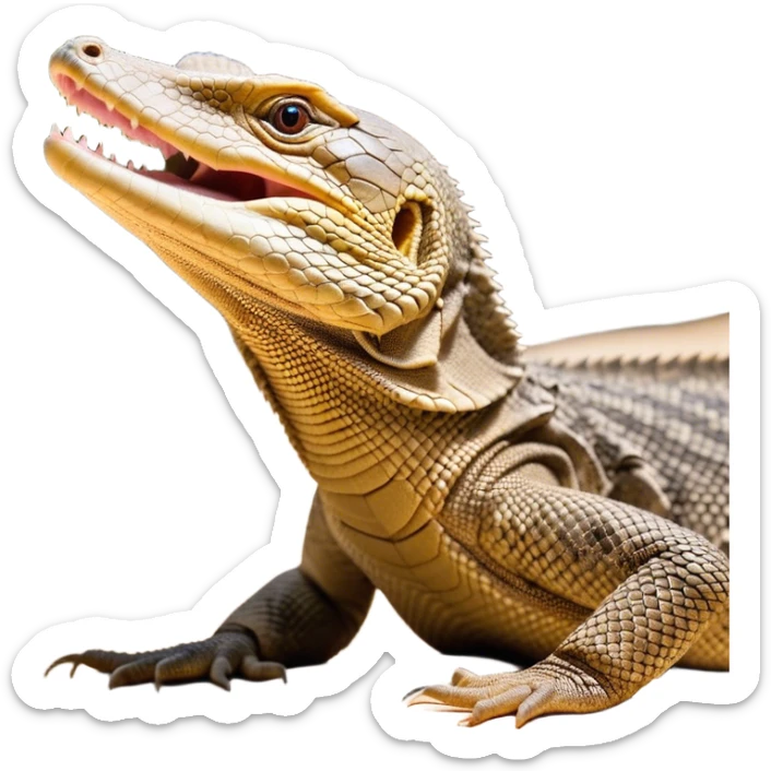 Cinematic Realistic Cute Yawning Monitor Lizard Portrait Emoji, Head tilted slightly with a dramatic, wide-open yawn, showcasing a soft, textured scaled hide with subtly drooping features and half-closed, drowsy eyes, rendered with meticulous natural detail and warm shadows, high shine, relaxed yet expressive, styled with a dash of desert charm, soft glowing outline, capturing the essence of a sleepy yet affectionate monitor lizard that appears ready to stretch out for a restful nap! sticker