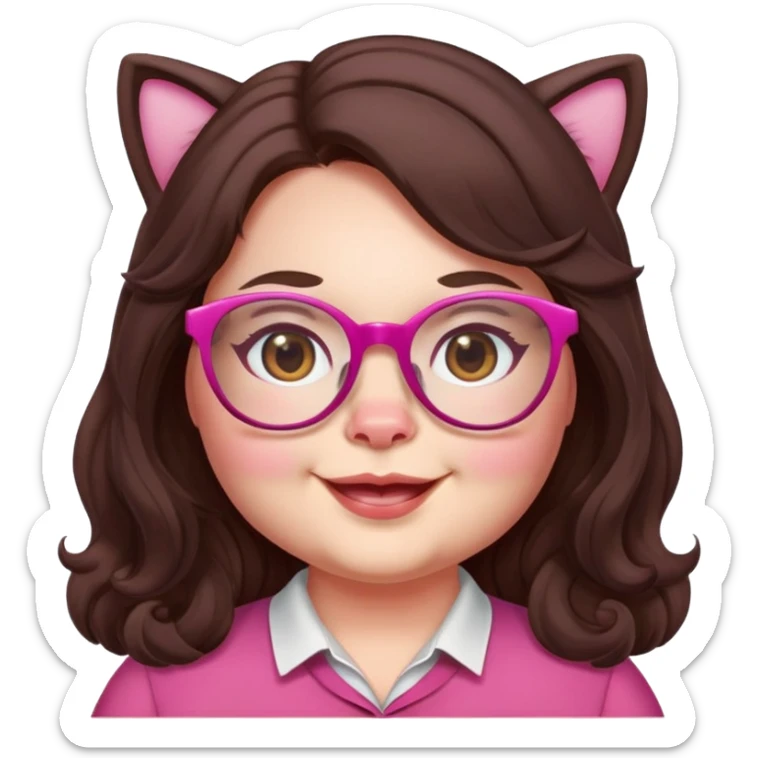 chubby English teacher face, pink cat glasses, long wavy dark brown hair, smiling sticker