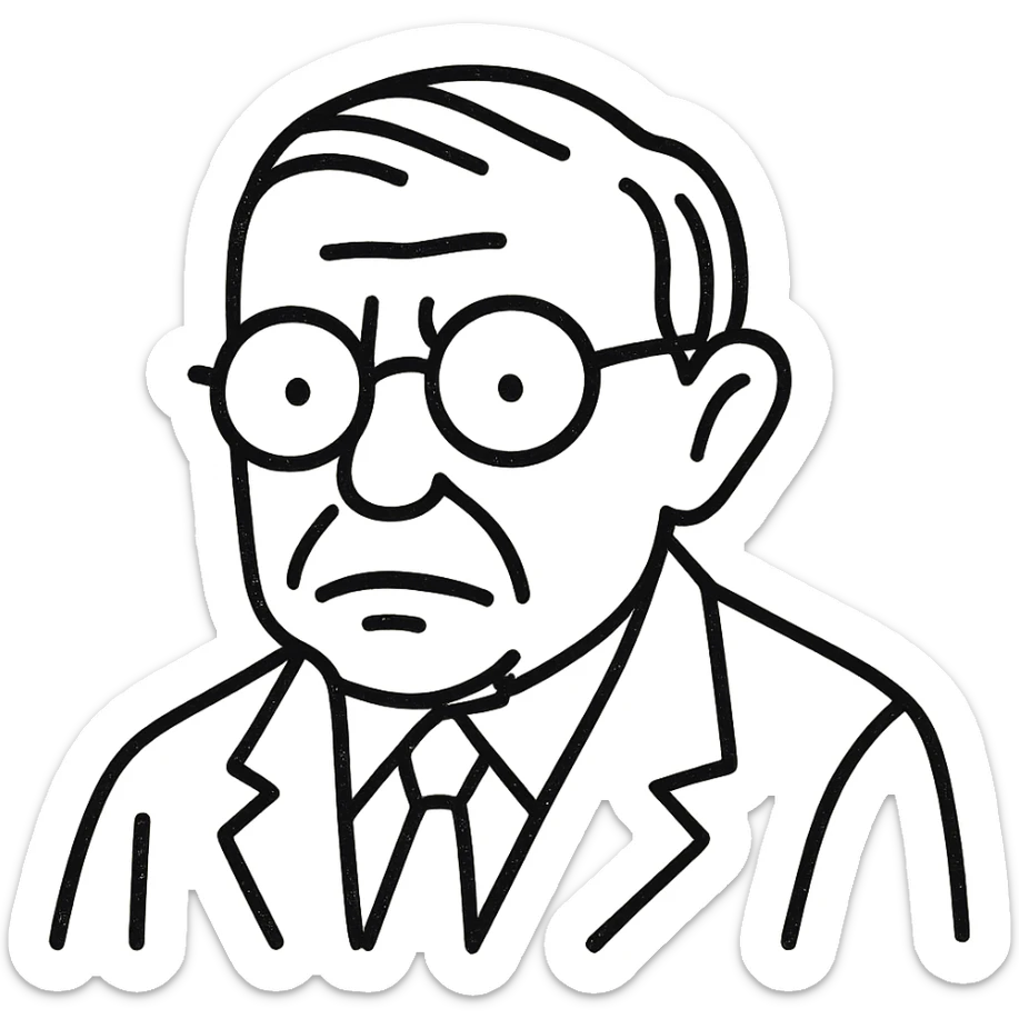 Simplify the Jean-Paul Sartre black outline icon by reducing detail in the facial features, hair, and clothing while keeping the round glasses and maintaining the hand-drawn outline style. Use a transparent background. sticker