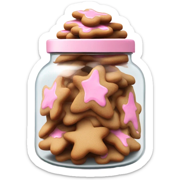 Realistic glass cookie jar with light pink lid full of gingerbread cookies isolated.  sticker