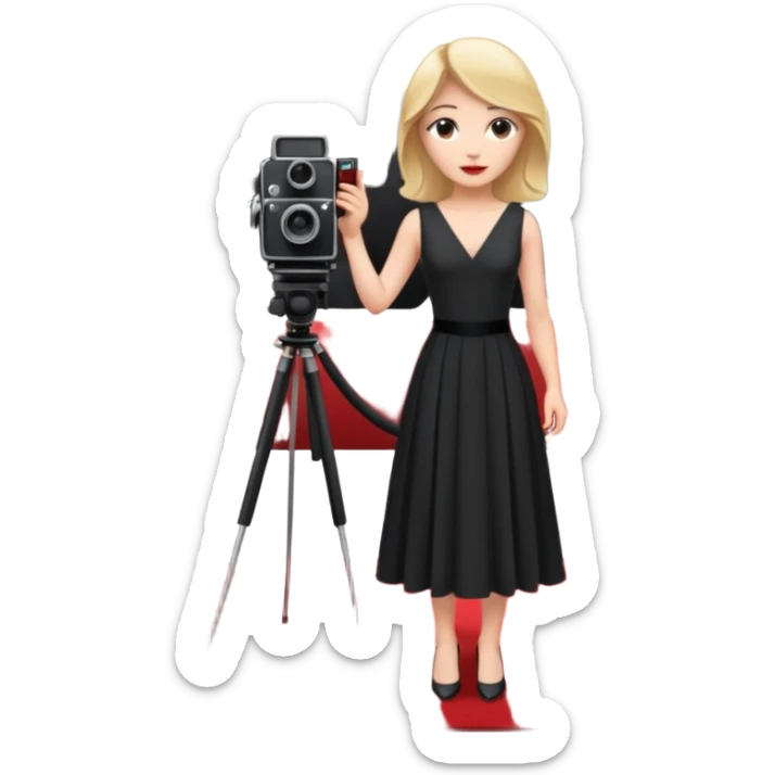 an actress standing on a red carpet with a formal dress, with a film camera next to her. sticker
