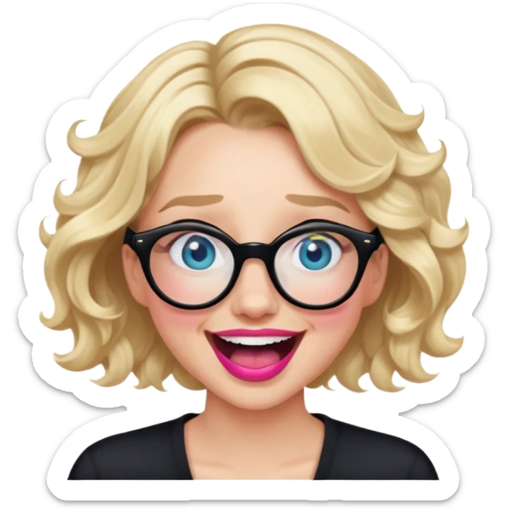 Blonde woman with short wavy hair, blue eyes nearly closed and pink lips wearing black glasses and laughing hysterically  sticker