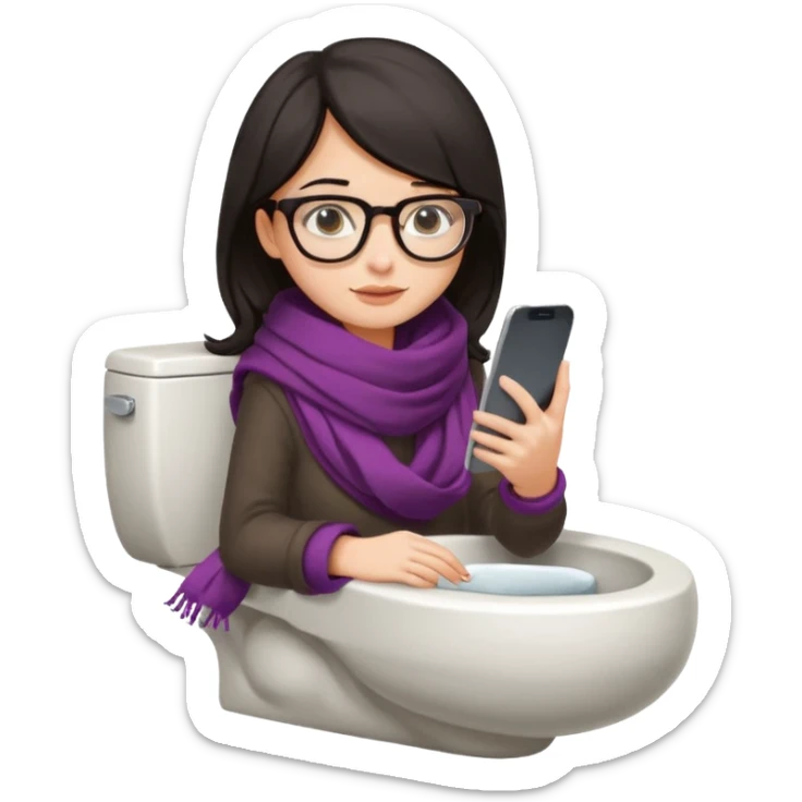 Fille châtain foncé avec lunettes. Elle porte une grosse écharpe. Elle est dans une cuvette de toilette. Téléphone en main. Realiste sticker