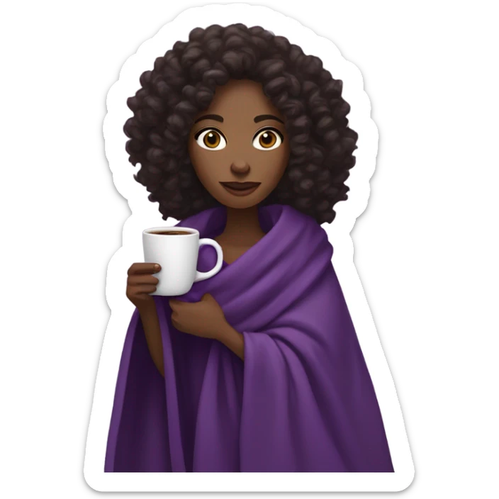 A black woman with dark brown eyes and long curly hair  with a purple blanket wrapped over her shoulders, holding a purple mug of coffee sticker
