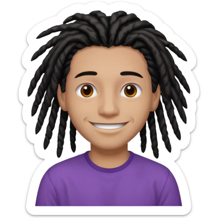 medium brown teen with black dreads and brown eyes that has a small faint mustache and purple shirt sticker
