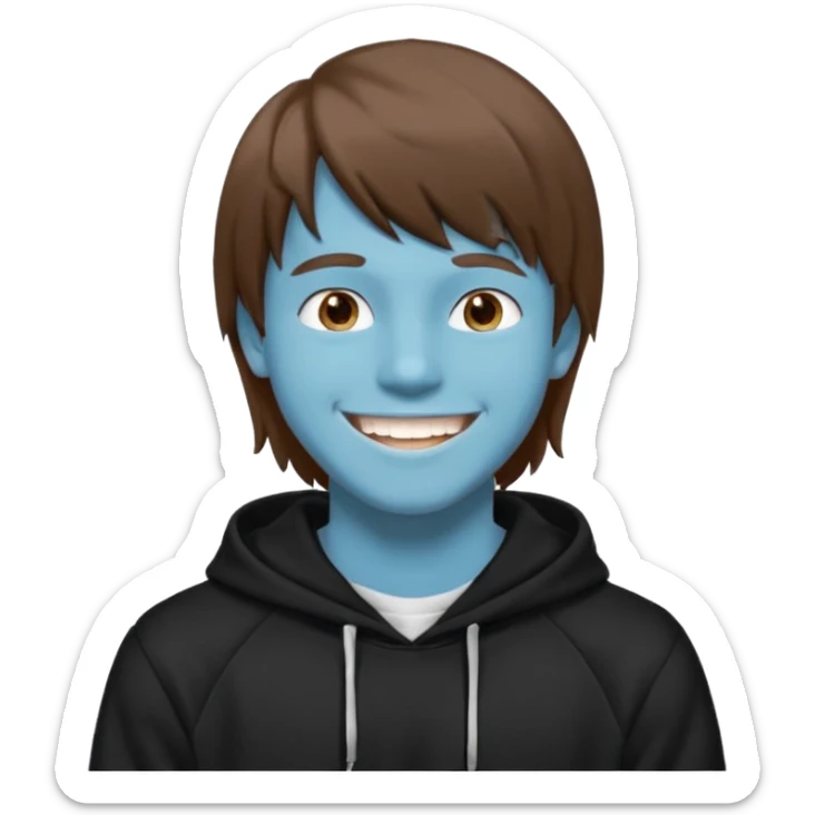 20 yr old man, brown hair, straight, big smile, white teeth, tanned skin, bangs, black hooded sweatshirt, long hair in back, center-parted bangs sticker