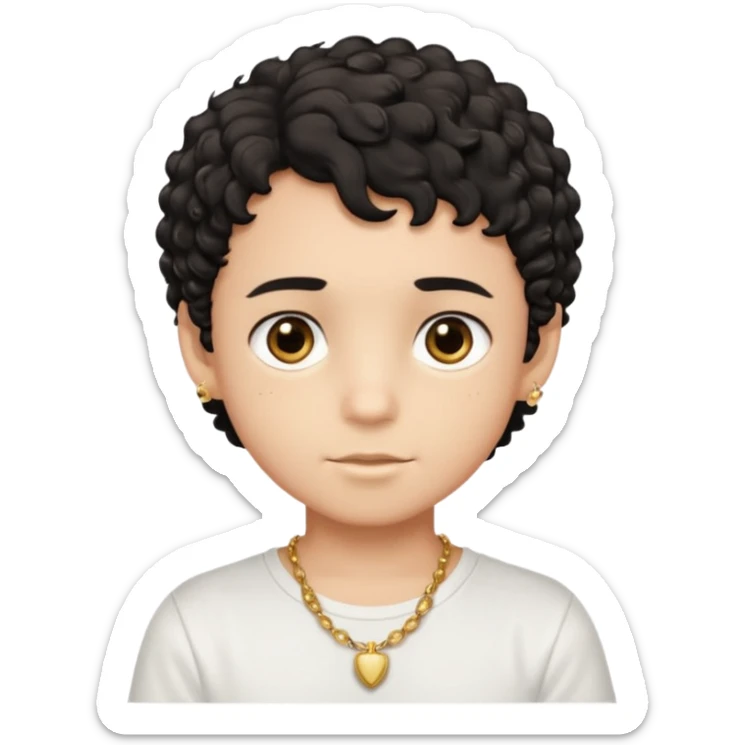 a boy with short black curly hair and brown eyes with white t-shirt and gold jewelry  sticker