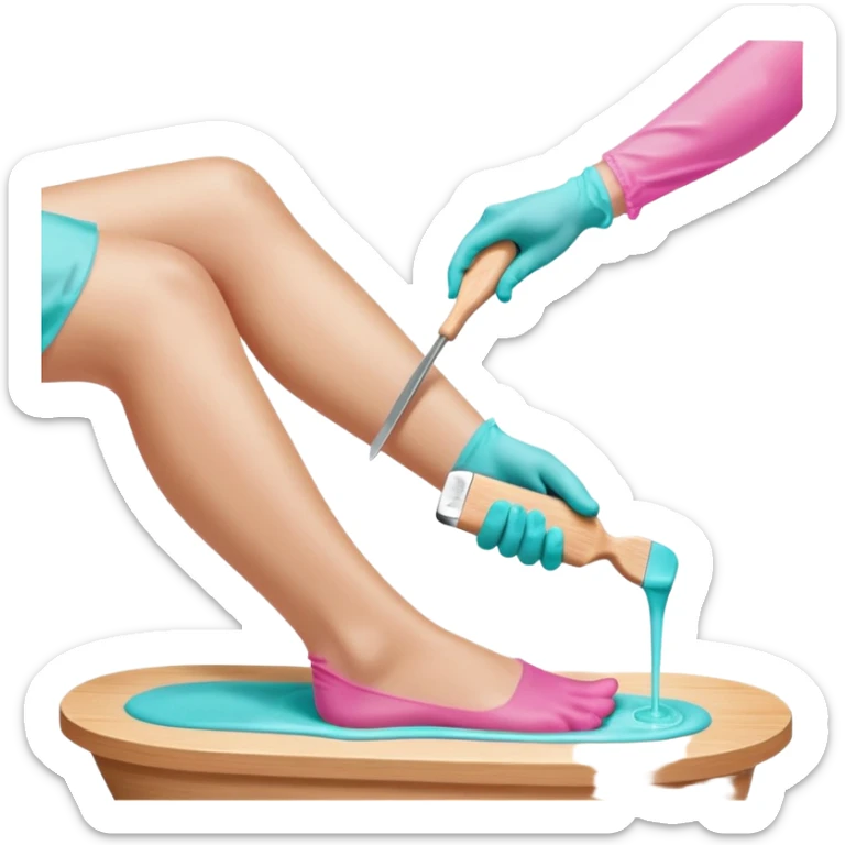 Close-up professional beauty photo of a smooth white leg during a waxing procedure, a second person’s hand wearing a turquoise nitrile glove spreading warm pink depilatory wax along the leg with a wooden spatula sticker