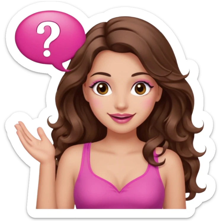 girl with long wavy brown hair, brown eyes, long lashes makeup, sexy pink lips, light to medium complexion, wearing a pink sexy top, shugging, smiling, question mark one speech bubble sticker