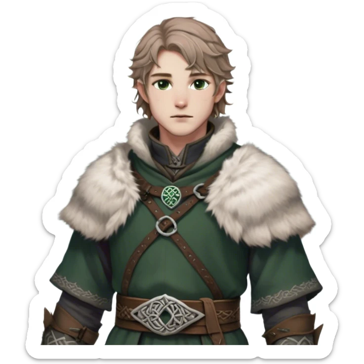 Medieval winter outfit worn by a DnD themed fantasy male character. Heavy charcoal wool tunic with arctic wolf fur lining, adorned with intricate iron clasps and a thick leather belt with celtic knotwork. Clothes only above the waist, full waist coverage. The character has no arms. Character is white-skinned with light brown hair, gray-green eyes, and short wavy hair dusted with winter's touch. sticker