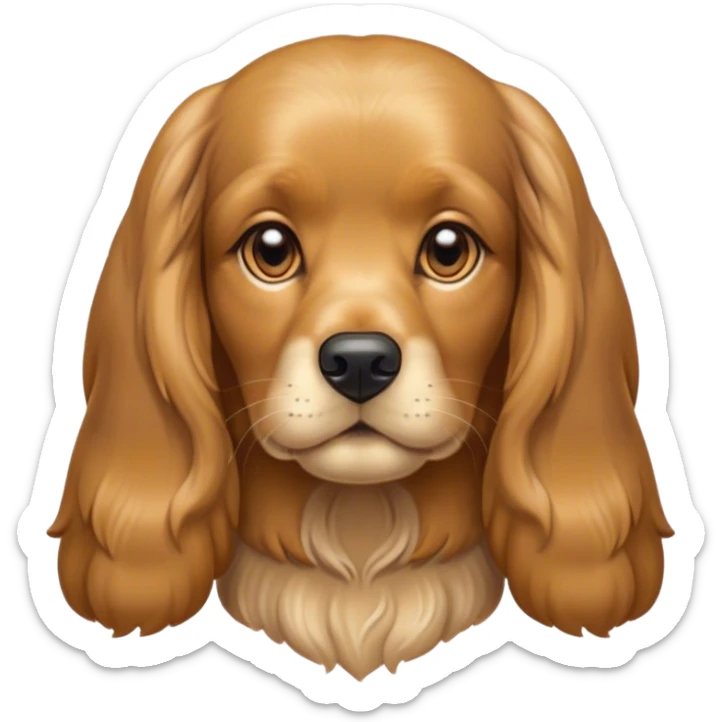 Cinematic Noble Gold Cocker Spaniel Portrait Emoji, Poised and regal, with a medium build and a lustrous, well-groomed golden coat, deep-set soulful brown eyes, Simplified yet sharp and sophisticated features, highly detailed, glowing with a soft, dignified glow, high shine, intelligent and loyal, stylized with an air of elegance, focused and attentive, soft glowing outline, capturing the essence of a watchful and confident companion, so majestic it feels as though it could trot out of the screen with effortless authority! sticker