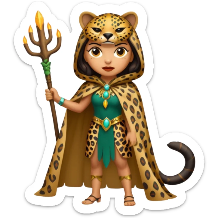 forest sticker character, latina woman dressed as jaguar spirit, spotted cloak, confident stance sticker