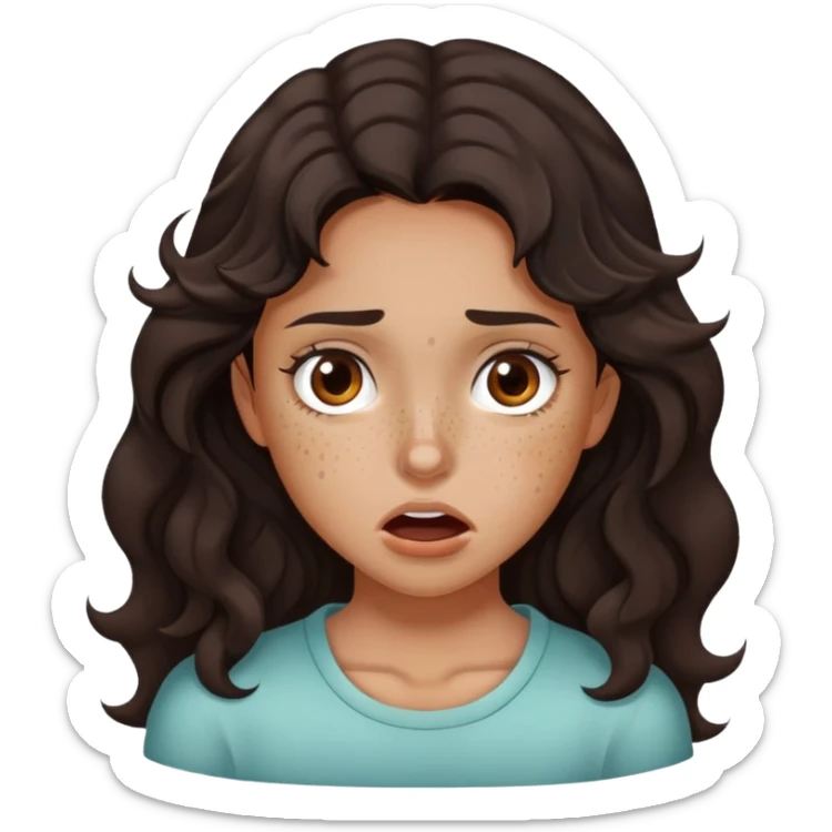 girl very dark brown wavy hair freckles tan skin color brown eyes choking sticker