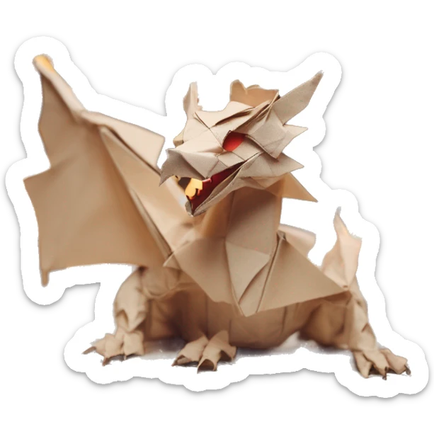 Beige Origami dragon made of newspapers on fire surrounded by fairy lights swirls covered in dried flowers bokeh library bunting floral flowers fire flames sticker