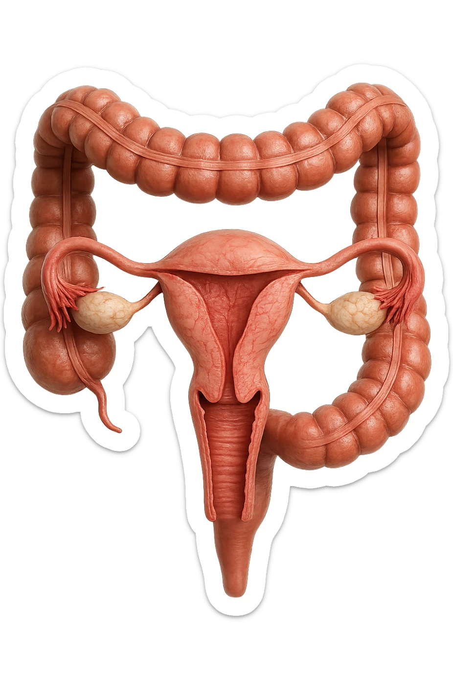 UTERO UMANO ANATOMICO COLLEGATO AD INTESTINO, iperrealistico 4k, SFONDO BIANCO sticker