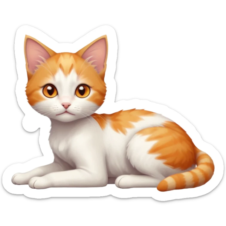 full body of very small + skinny ginger and white kitten with deep orange eyes and triangular shaped face lying down with bent front paws sticker