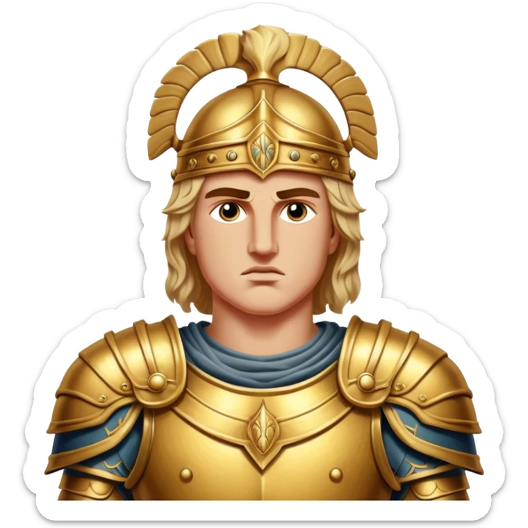 Cinematic Realistic Alexander the Great Portrait Emoji, depicted as a bold, charismatic ancient conqueror in regal armor with a commanding gaze, rendered with lifelike textures and dramatic heroic lighting that captures his legendary ambition. sticker