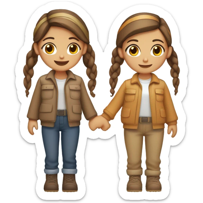 Two girls, holding hands, one with brown hair in a low bun and tan skin wearing a tradie outfit and one with thick caramel hair  light tan skin wearing a cute outfit sticker