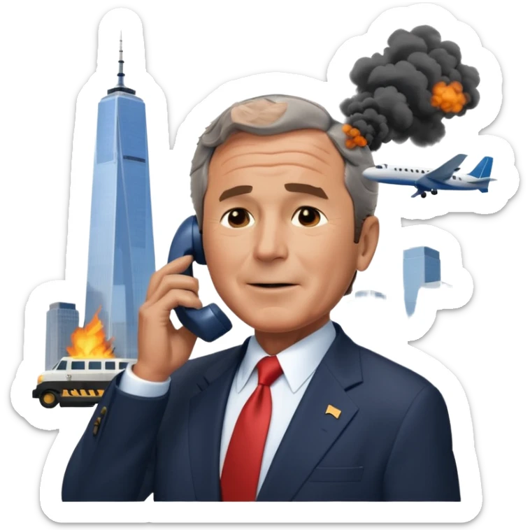  emoji of the world trade center with a plane crashed into it and george bush on a phone in front of them sticker