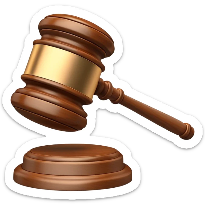 An emoji representing justice and penalty. A wooden judge's gavel striking a sound block, symbolizing a legal decision or punishment. The design is simple, 3D, and slightly glossy, resembling official court decisions sticker