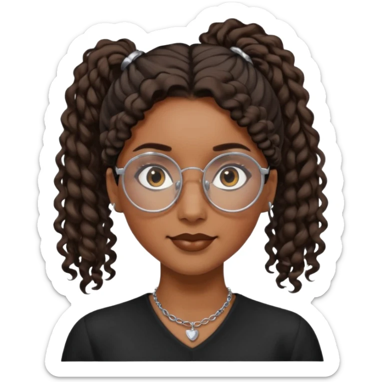 chica morena de ojos claros con gafas negras exagonales redondeadas. y pelo rizado castaño con todo el pelo recogido en una coleta . y un collar de plata . Con todo el pelo recogido un clen look sticker