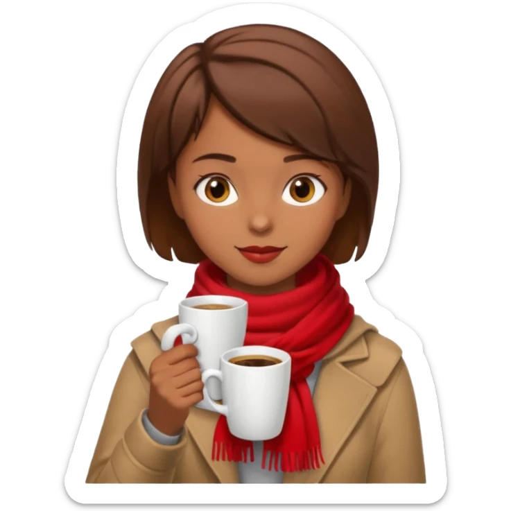 a girl with brown short hair, having red scarf, drink coffee, enjoy sticker