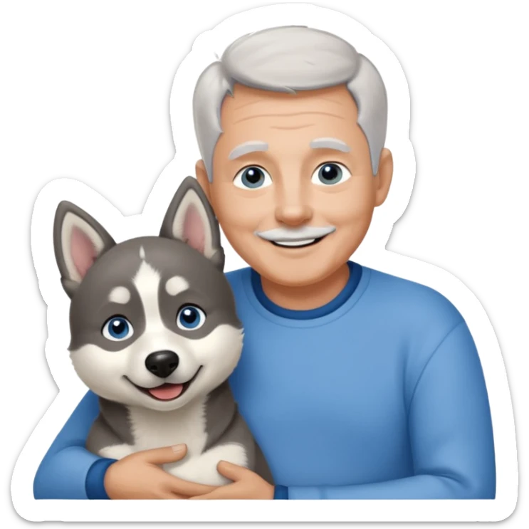 A 60 year old man with blue eyes and short light gray hair and no mustache and slightly big ears, holding a single black and white husky dog with floppy ears and white tuft eyebrows, both smiling sticker