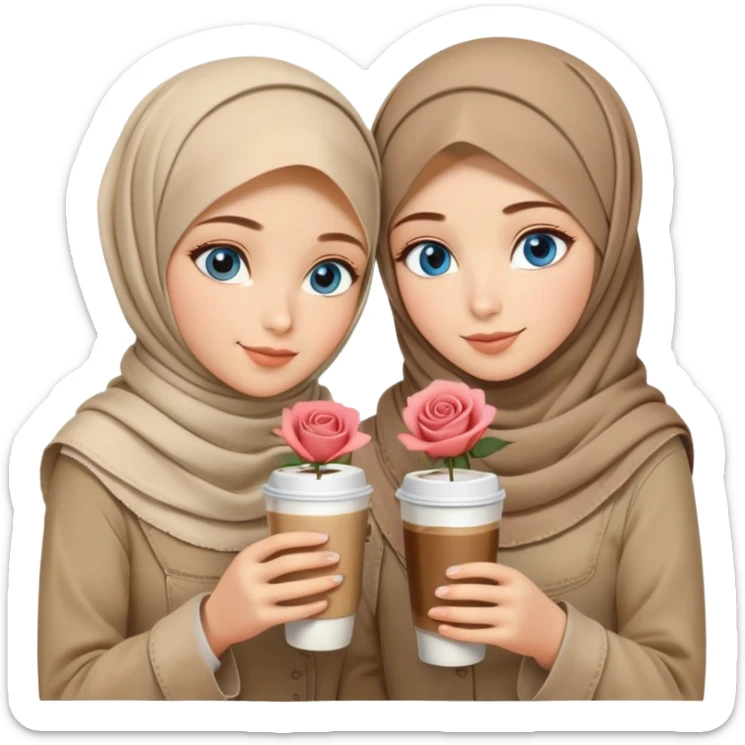 Turkish beautiful finish Konya two girls blue eyes with beige denim hijab islamic dress and had on her hand Rose Cold turkish coffee   sticker