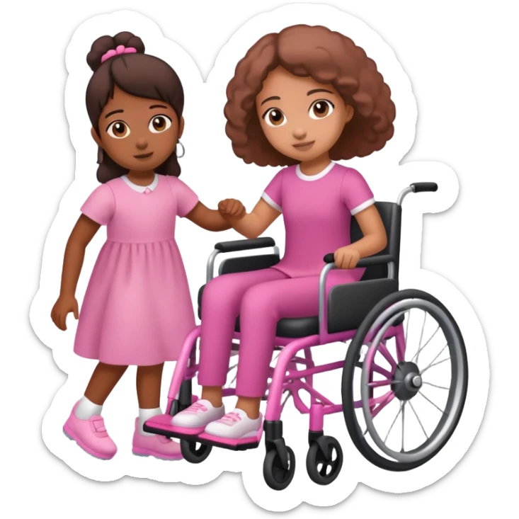 One tan skin sister pushing her brown skin sister in a pink wheelchair sticker