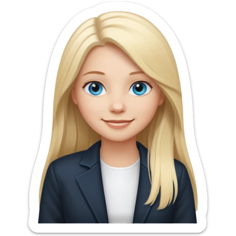 A white girl with long straight blonde hair, blue eyes and a white dress with a smiling black jacket sticker