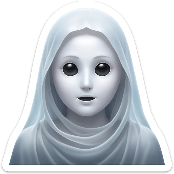 Cinematic Noble Ghost Portrait Emoji, Ethereal and dignified, with a flowing, translucent form in silvery-white hues, wispy and majestic, and a calm, otherworldly expression with deep, thoughtful eyes, simplified yet sophisticated features, highly detailed, glowing with a soft, spectral radiance, high shine, exuding regal mystery and quiet authority, with a soft glowing outline that captures the essence of a ghostly guardian drifting from another realm! sticker