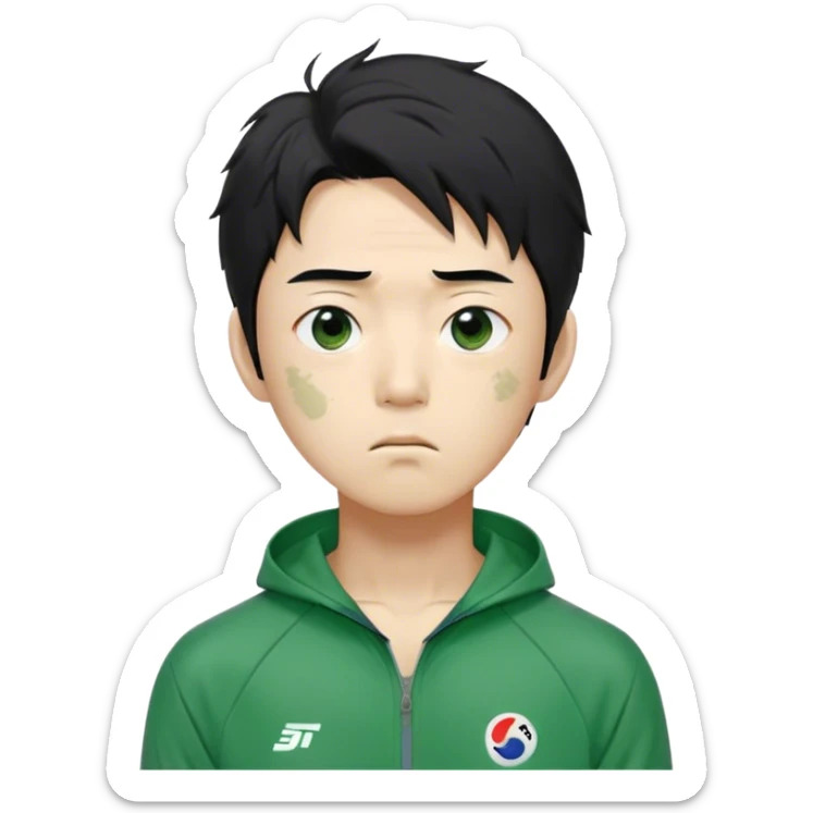 Seong Gi-hun squid game A tall, slim man with messy, unkempt black hair and tired eyes, showing signs of stress, Green player tracksuit sticker