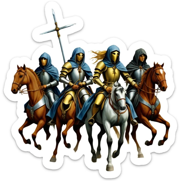 solarpunk ultra HD style, oil - The Four Horsemen of the Apocalypse, based on a graphic by Albrecht Dürer sticker