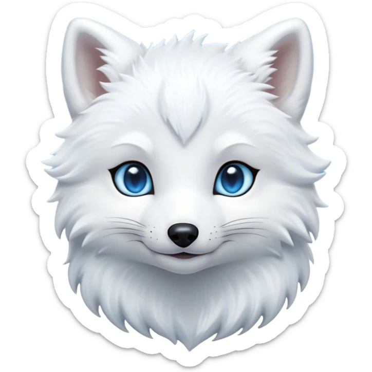 Cinematic Cute Arctic Fox Portrait Emoji, Head tilted playfully and inquisitively, featuring a silky, pure white Fur with delicate hints of icy blue on the ears and muzzle, round, sparkling eyes filled with curious charm, Simplified yet irresistibly adorable features, highly detailed, glowing with a warm, friendly glow, high shine, affectionate and spirited, stylized with a touch of frosty whimsy, bright and endearing, soft glowing outline, capturing the essence of a mischievous yet loving arctic fox, so playful it feels like it could frolic out of the screen and into your arms! sticker