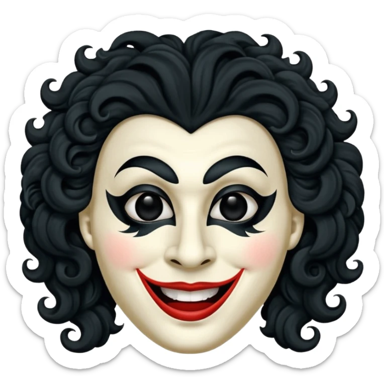 generate theatre mask emoji with a big curly black hair 

wide black smile, long and pointy white nose, pitch black eyes sticker
