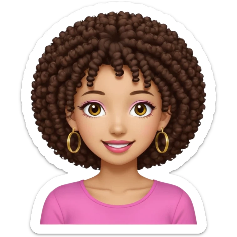Naturally tan skin girl short darkBrown curly afropink shirt very long lashes hoop gold earrings Brown eyes gyaru smiling closed mouth cute sticker