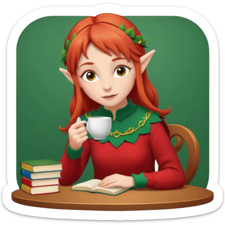 Red hair elf-like girl in red sweater sipping tea with a stack of books beside her  sticker