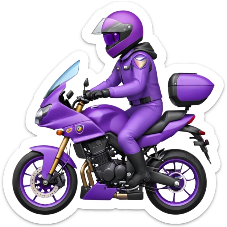 Créer un emoji avec une moto mt07 sport noir mate / violet iridescent très foncé, pare-brise de la moto violet. Avec une pilote dessus visière violet sombre visage caché . Avec fond arrière violet en arrière plan. sticker