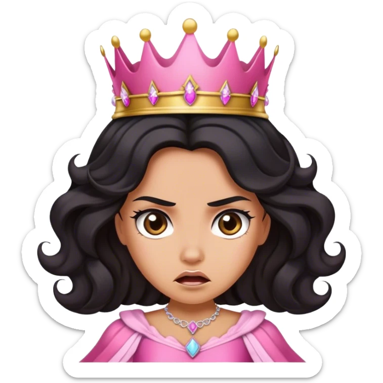 Very tanned princess, with long black wavy hair and a crown, a pink princess Outfit But angry sticker
