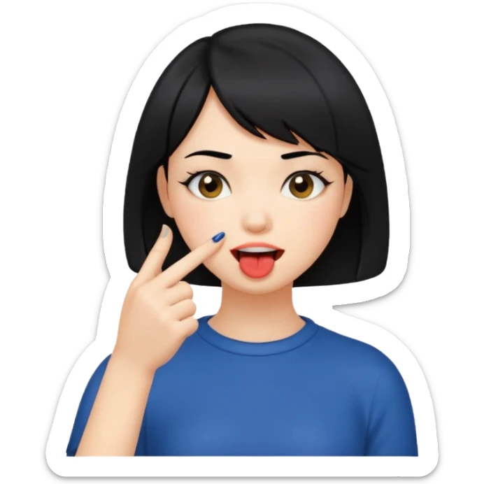 Chicas con pelo negro y corte bob haciendo que se muerde uno de sus dedos de manera picara, puedes hacer que se muerda el dedo sin sacar la lengua. Solo una mano sticker
