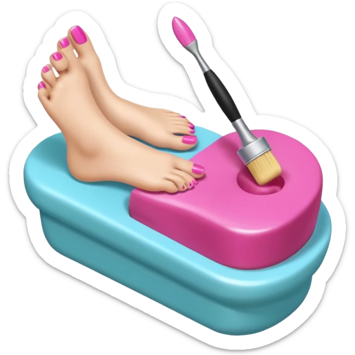 3D isometric emoji of a foot getting a pedicure, hand holding a nail polish brush, soft glossy texture sticker