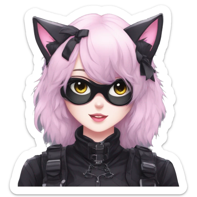 Gorgeous furry gothic dark techwear anime style anthro black cat furry with blushing face aesthetic and pretty edgy black with collar and harness trending style sticker