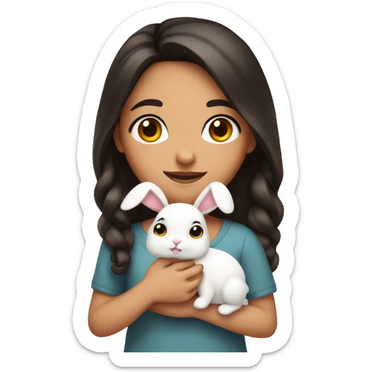 a girl with dark hair, brown eyes, with a bow on her hair, holding a bunny in her hands sticker