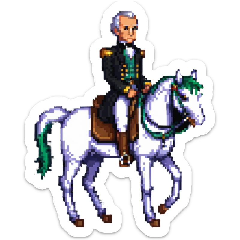 James K. Polk on horseback, election victory theme, dark horse, pixel art style sticker