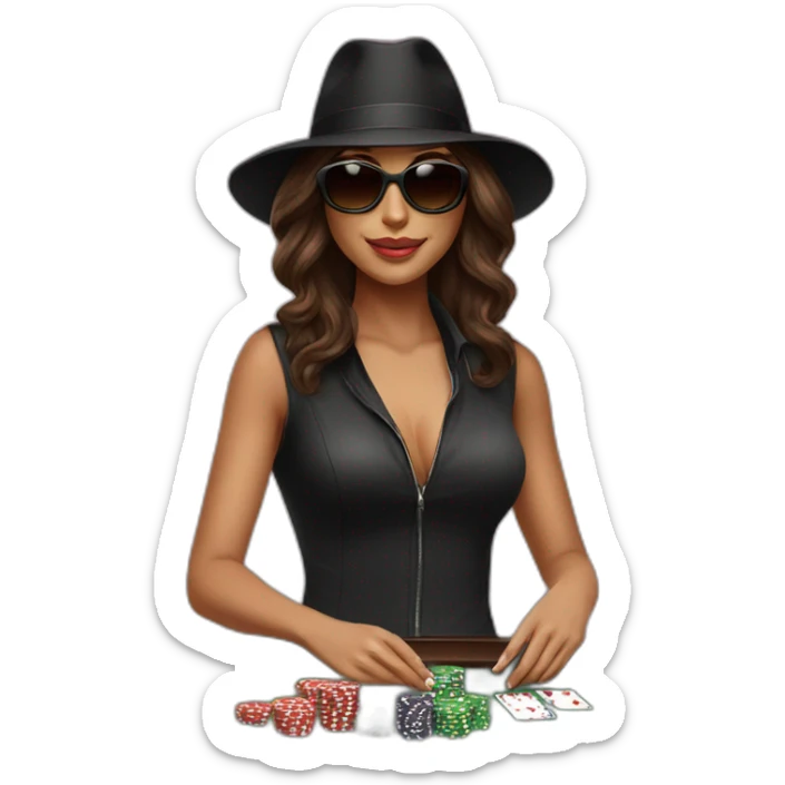 female with dark sunglasses brown wavy hair playing poker with a poker dealer hat sticker